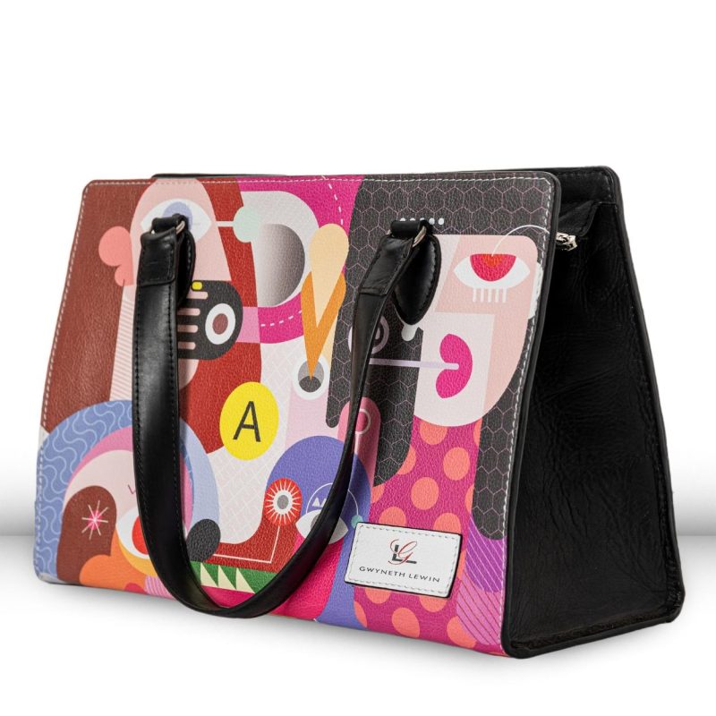 Gwyneth Lewin TekTote leather tote, Woman's Best Friend limited edition print, three-quarter side view